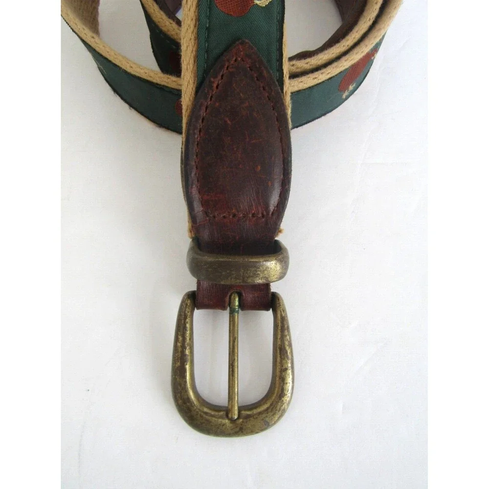 YRI Belt Bird Golfer Green Ribbon And Leather Brass Buckle Mens Size 38